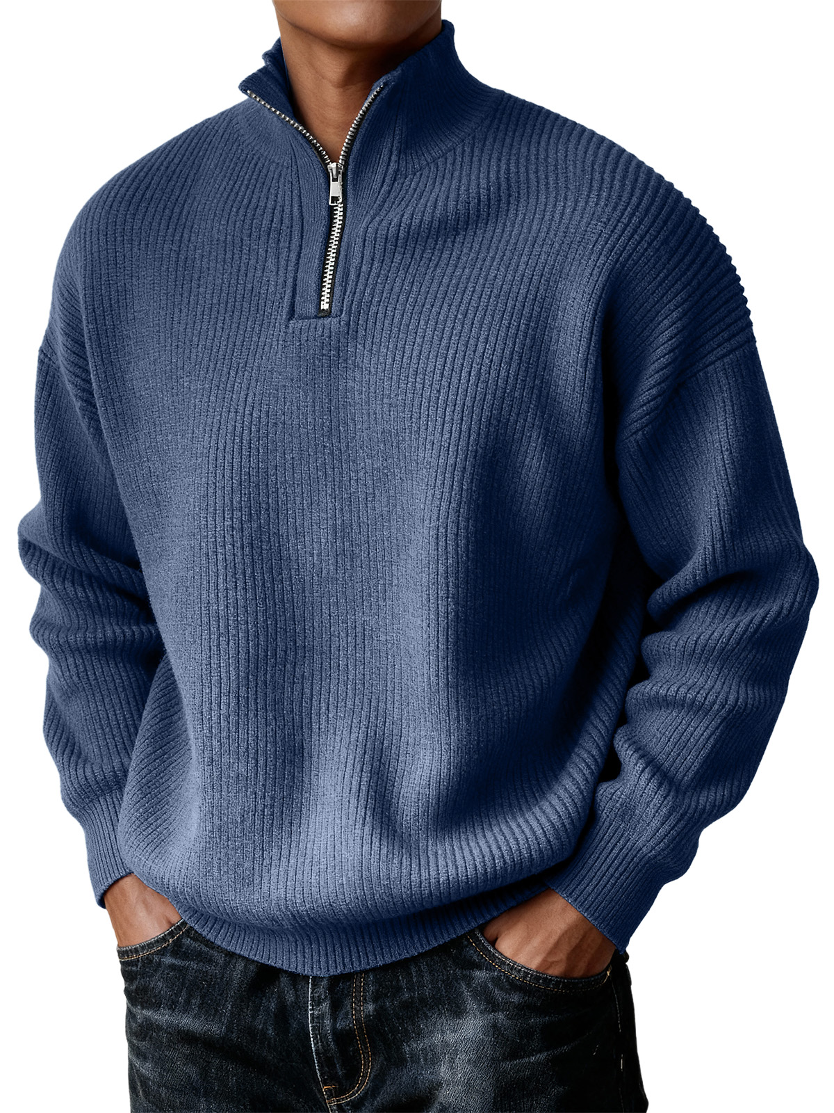 Men's Simple Zipper Turtleneck Casual Knitted Sweater Christmas and Ne