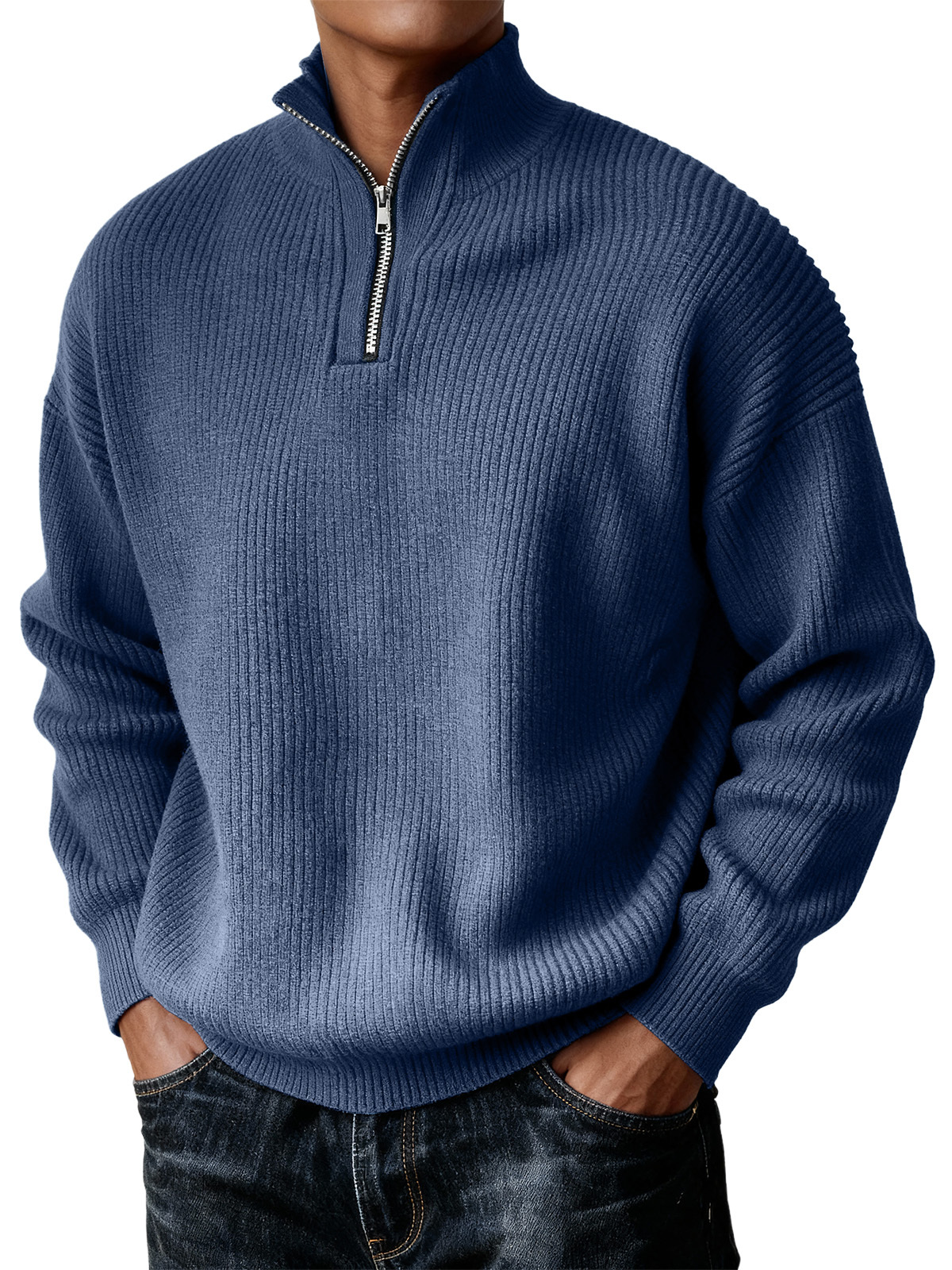 Men's Simple Zipper Turtleneck Casual Knitted Sweater Christmas and Ne