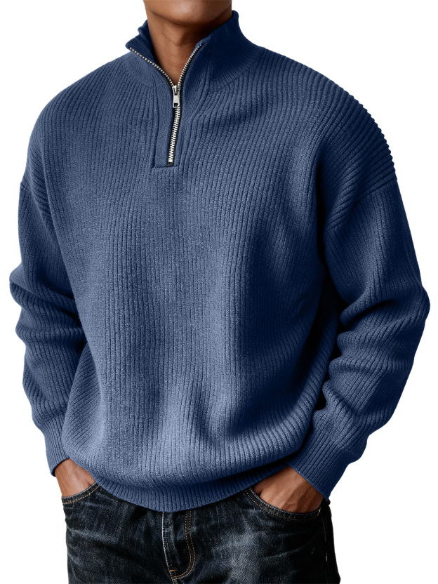Men's Simple Zipper Turtleneck Casual Knitted Sweater Christmas and New Year Sweater