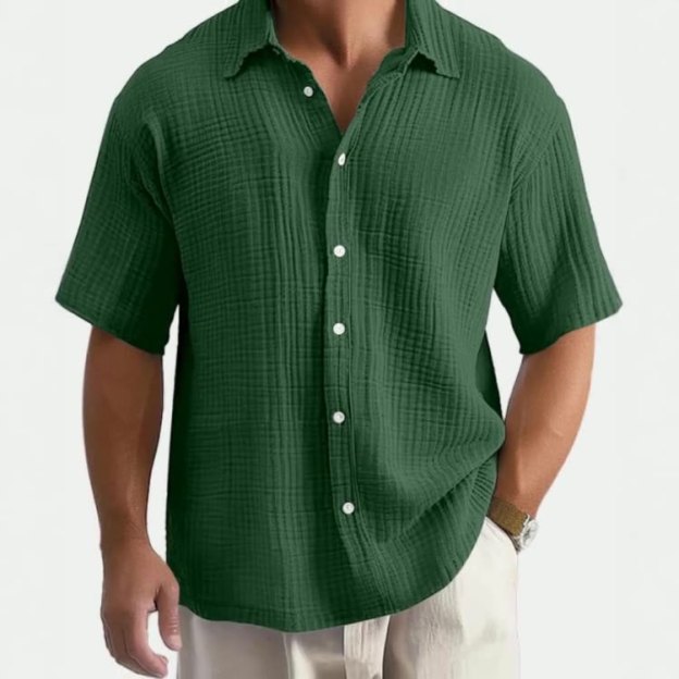 Men's Casual Cotton Short-sleeved Shirt with Lapel