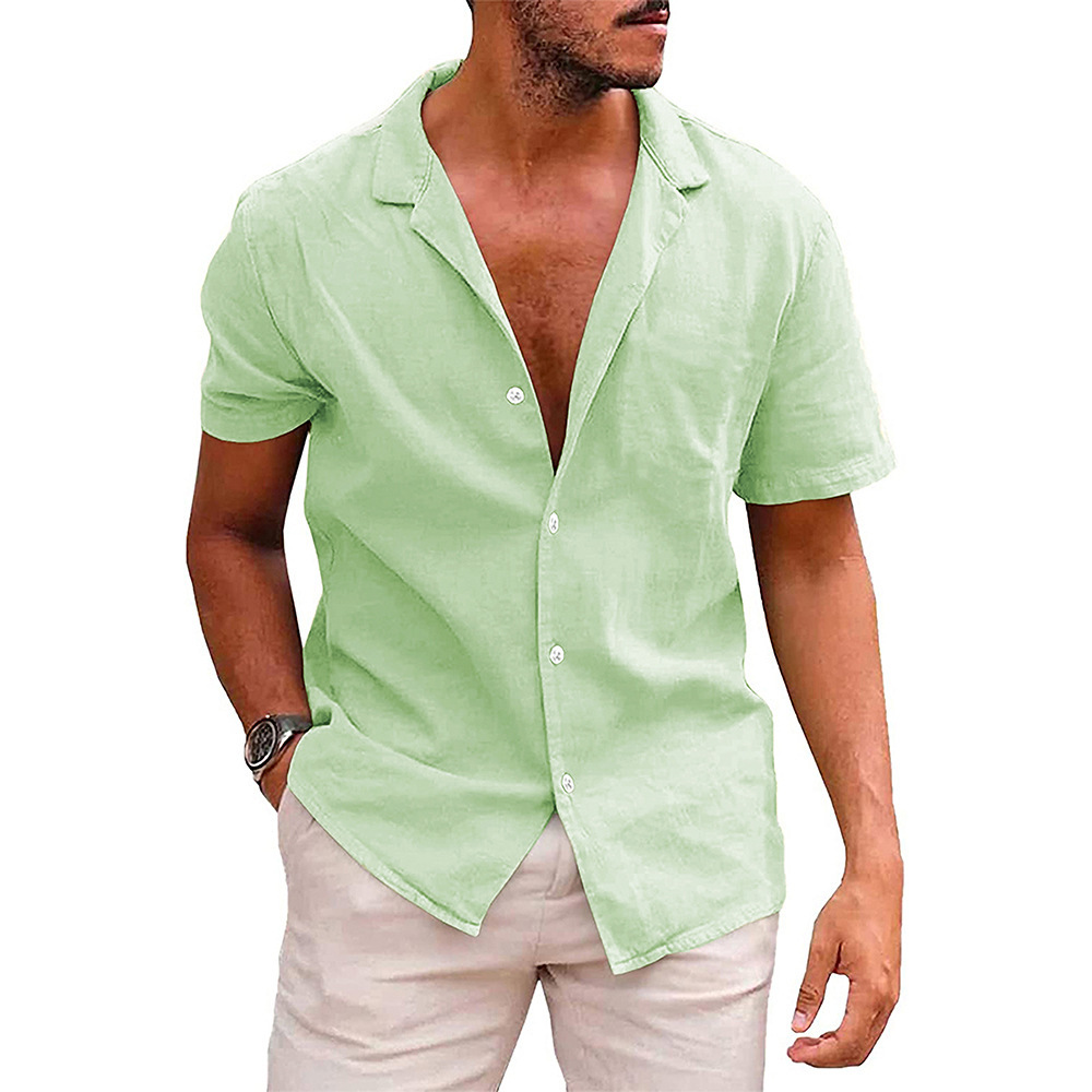 Summer Men's Button-Up Short-Sleeved Turn-Down Collar Solid Color Cotton Linen Shirt