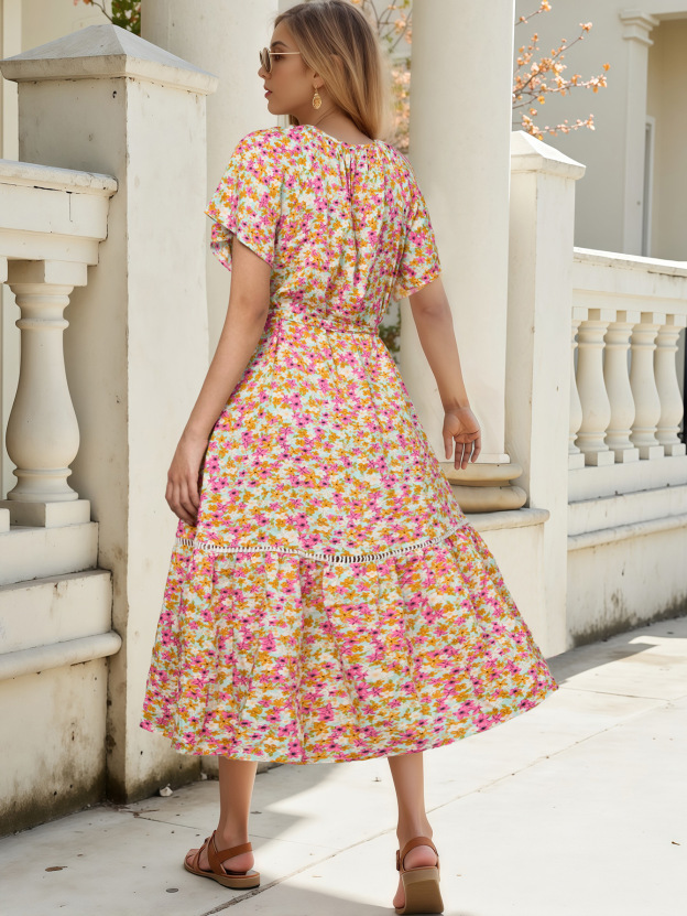 Cotton Printed Dress with Eyelet Lace Trim and Ruffled Paneling – Short Sleeves