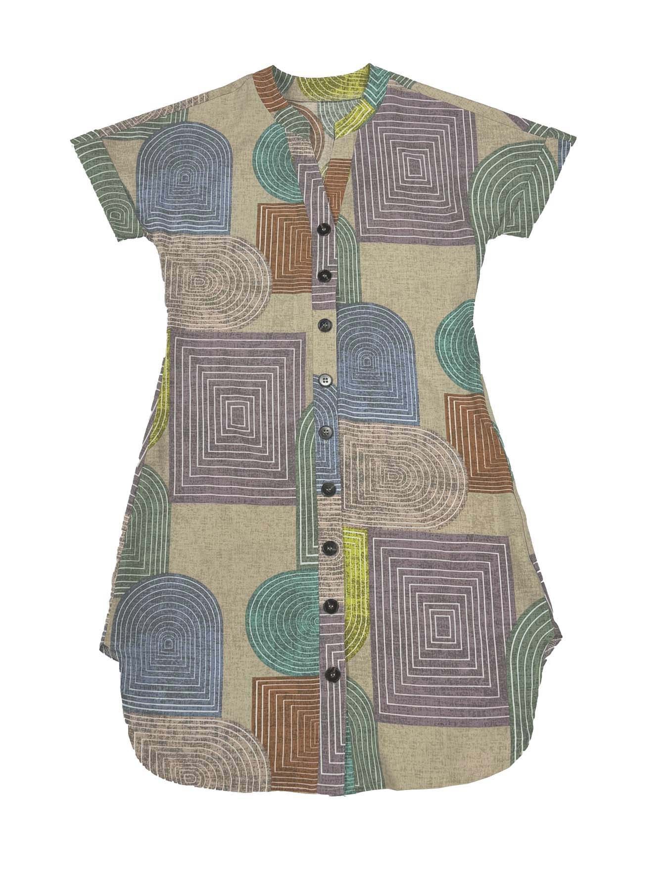 Summer Geometric Print Elegant V-neck Buttoned Women's Short-sleeved Dress