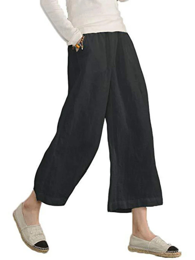 Women's solid color hand-made cotton and linen loose casual wide leg niners