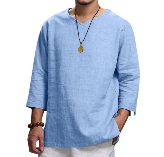 Men's long sleeve V-neck cotton linen loose shirt