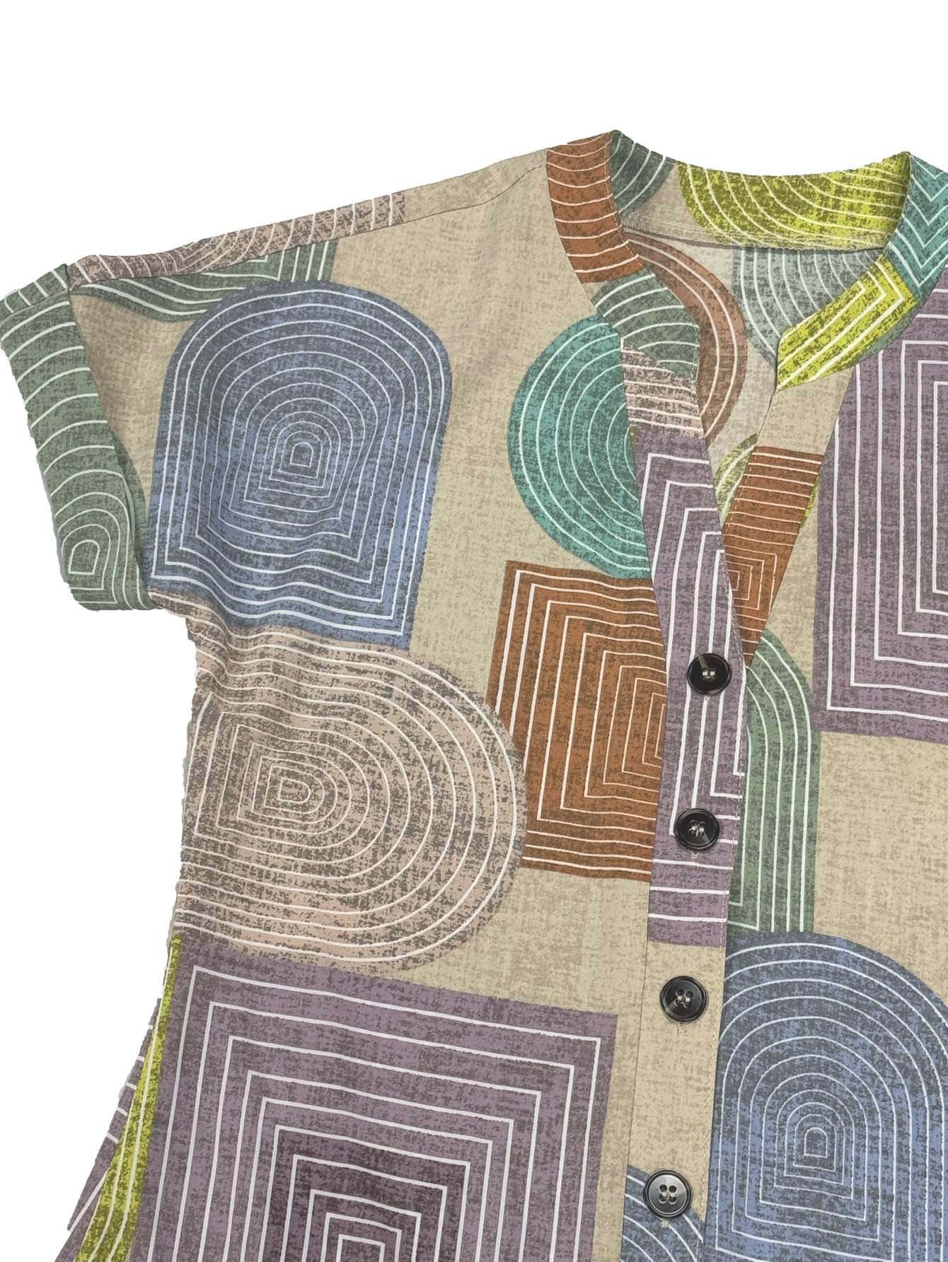 Summer Geometric Print Elegant V-neck Buttoned Women's Short-sleeved Dress