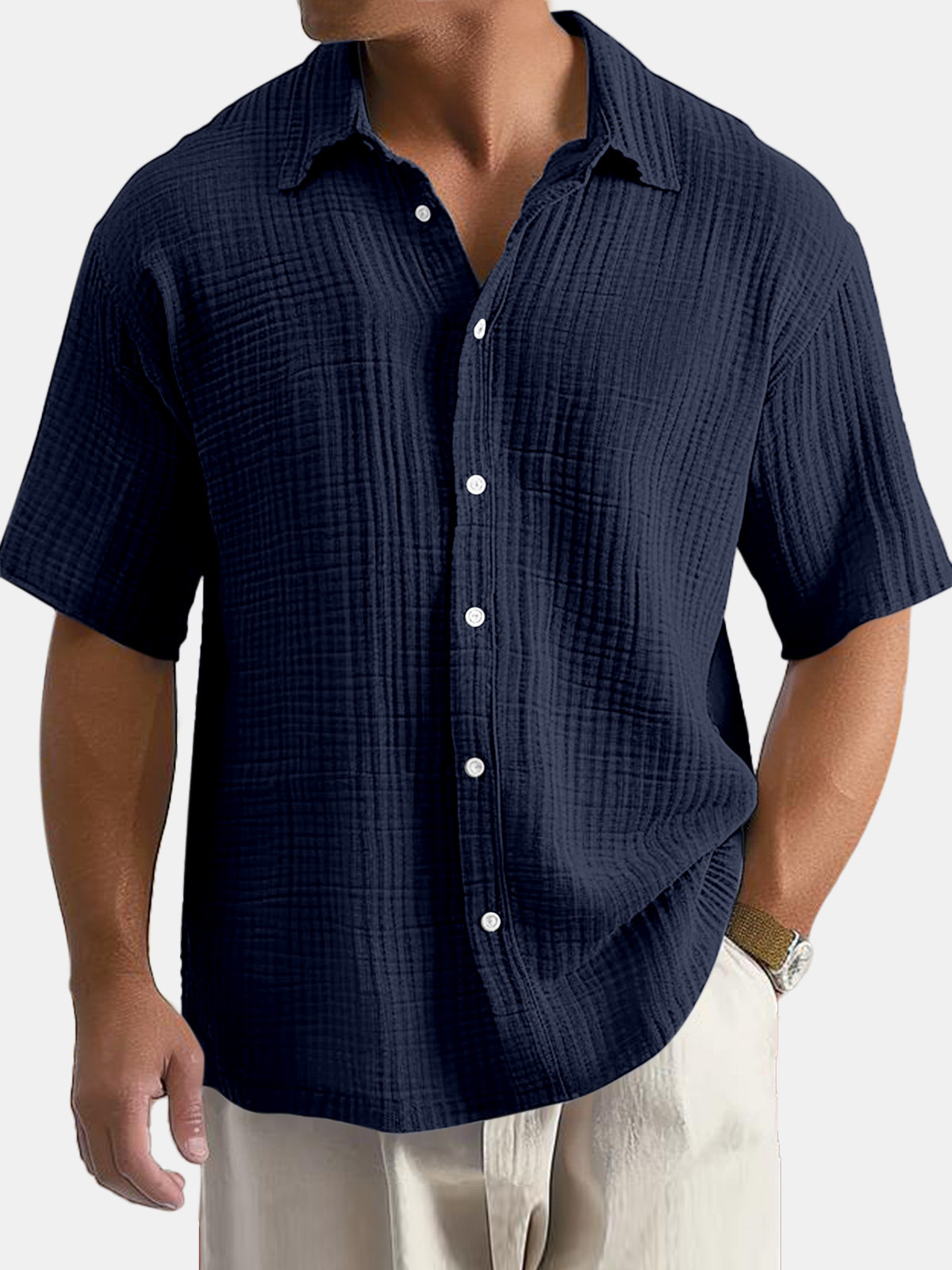 Men's Casual Cotton Short-sleeved Shirt with Lapel