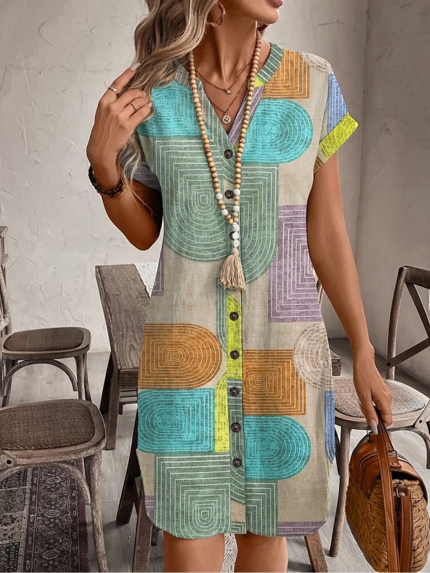 Summer Geometric Print Elegant V-neck Buttoned Women's Short-sleeved Dress