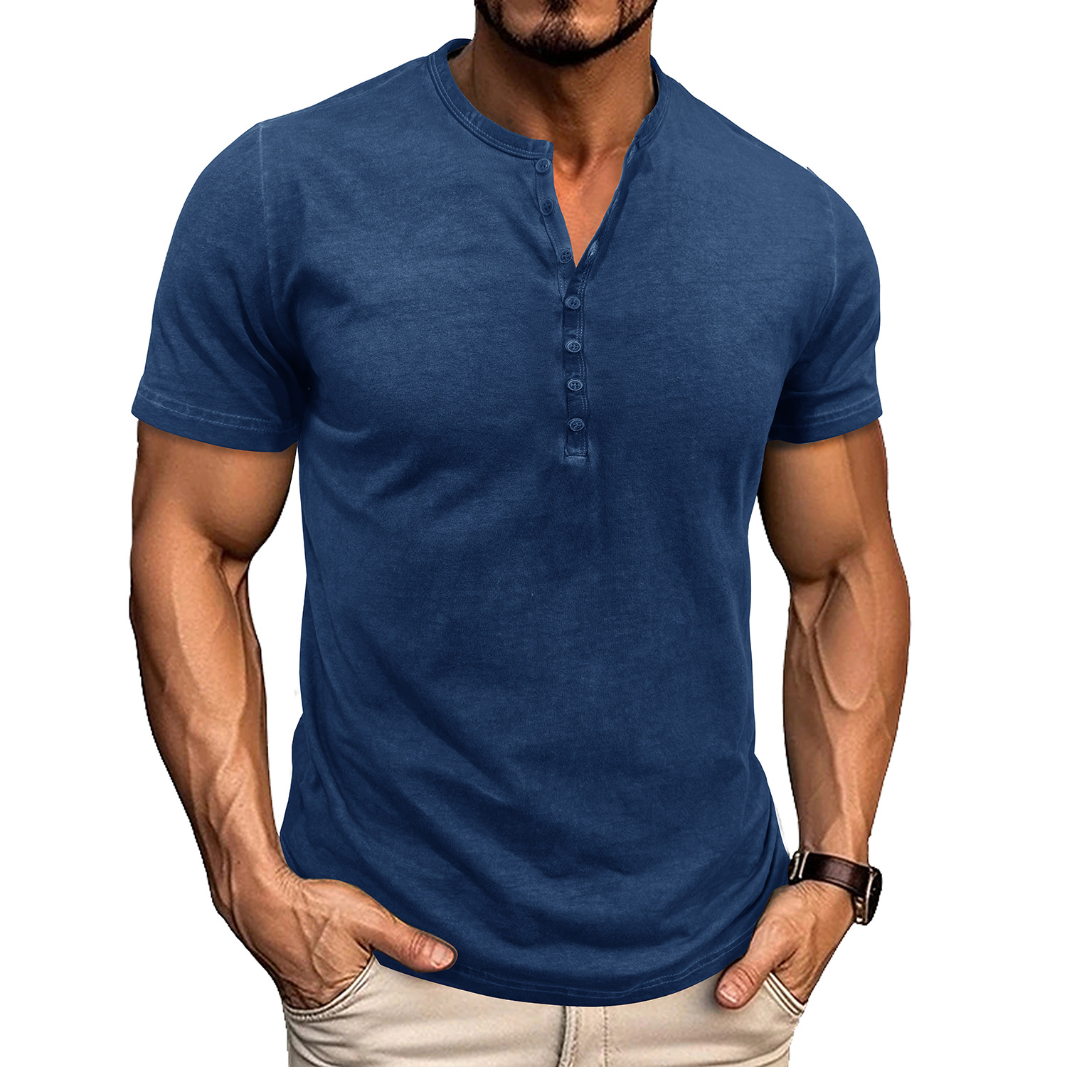 Vintage crew neck henley summer base layer outdoor short-sleeve T-shirt