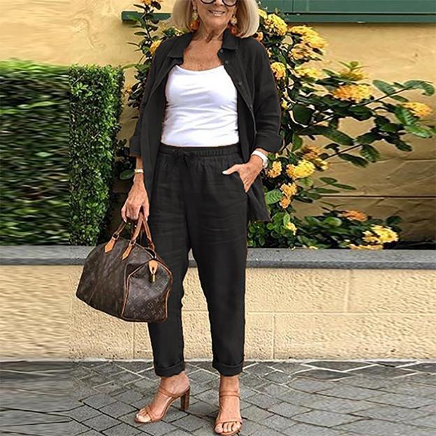 Women's retro loose long sleeve shirt belt solid color Harlan suit