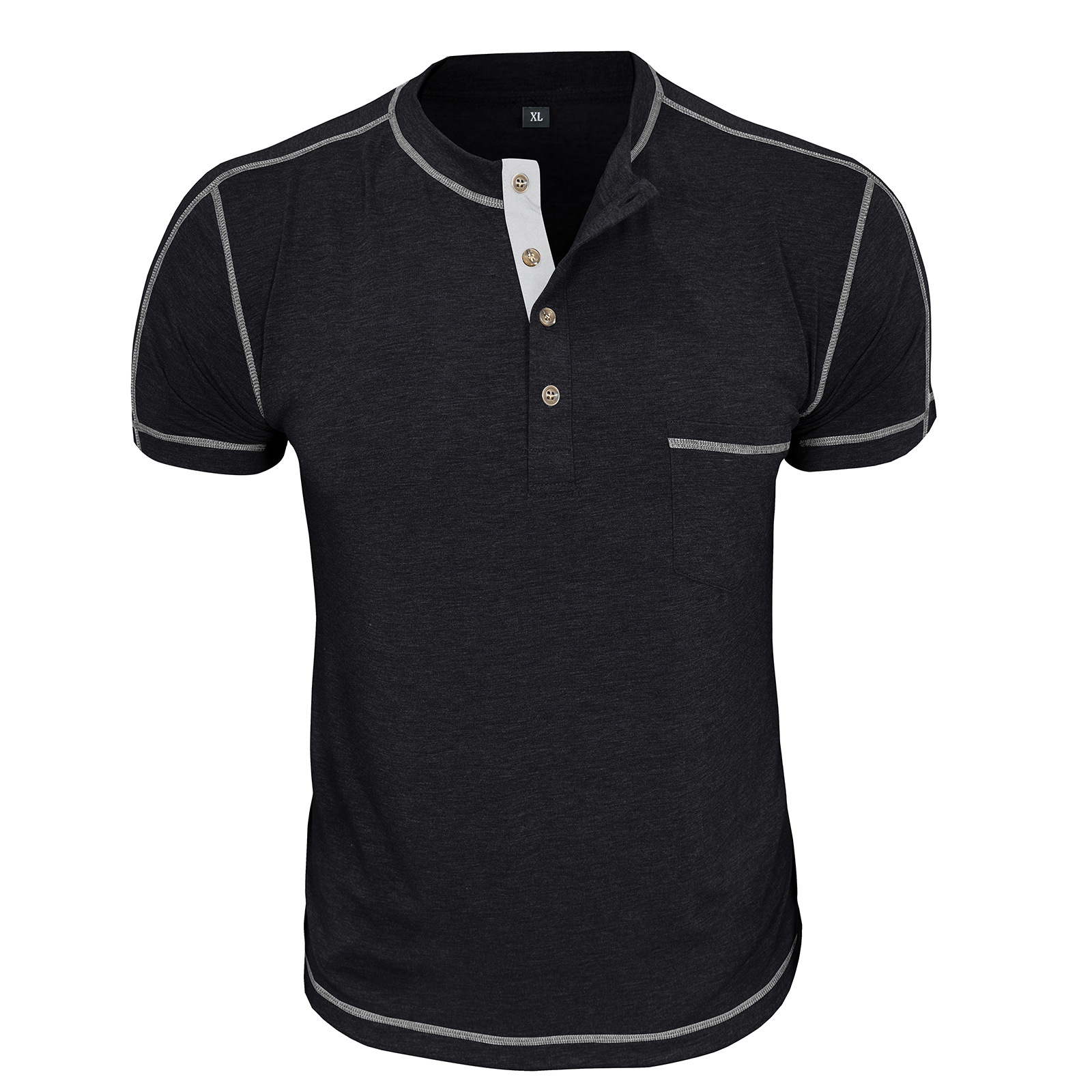 Men's Fashion Contrast-Color Short-Sleeve Henley Base Layer T-Shirt with Round Neck