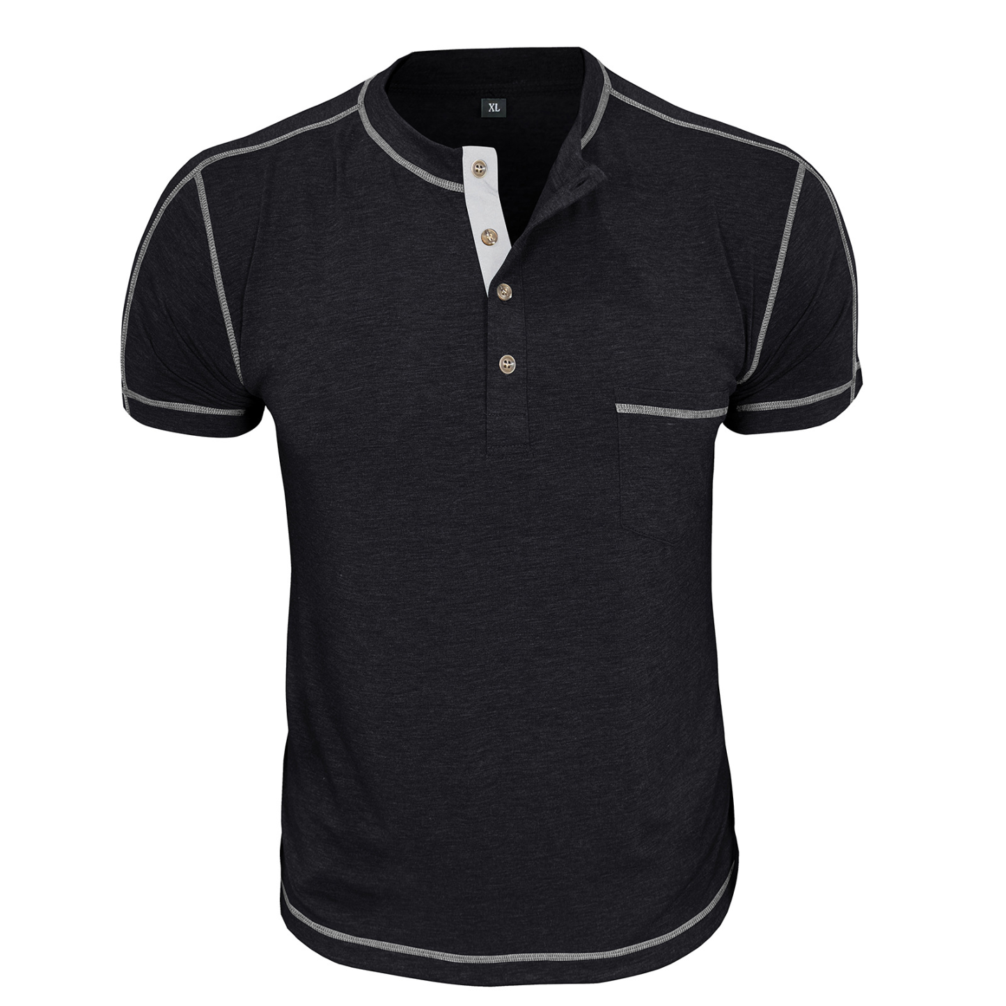 Men's Fashion Contrast-Color Short-Sleeve Henley Base Layer T-Shirt with Round Neck