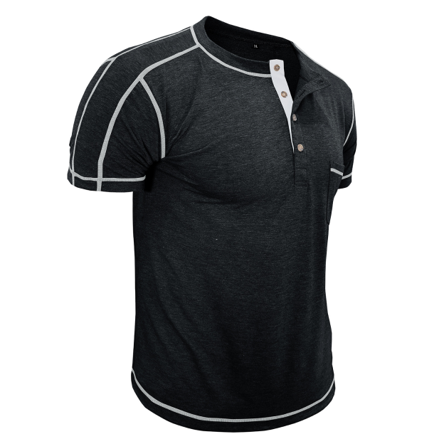Men's Fashion Contrast-Color Short-Sleeve Henley Base Layer T-Shirt with Round Neck