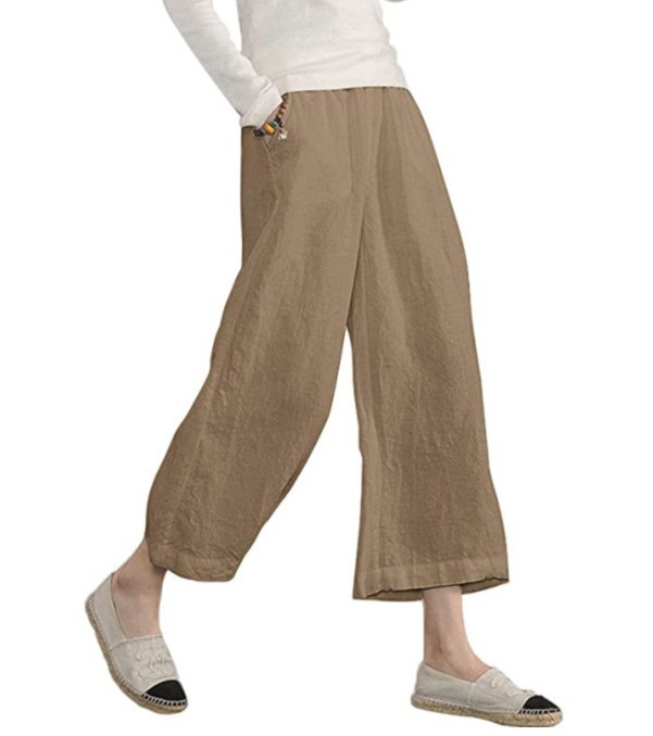 Women's solid color hand-made cotton and linen loose casual wide leg niners