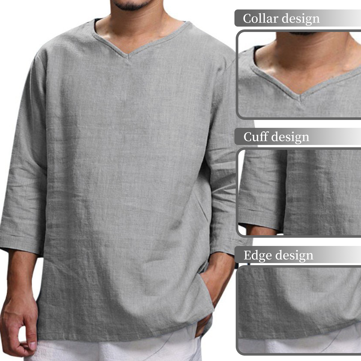 Men's long sleeve V-neck cotton linen loose shirt