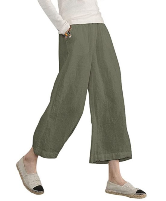 Women's solid color hand-made cotton and linen loose casual wide leg niners