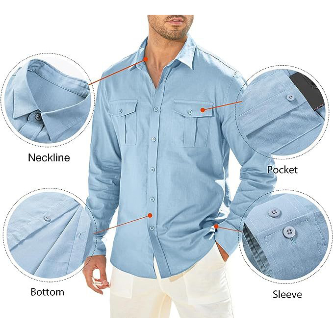 Men's shirt Double pocket cotton linen long sleeve shirt