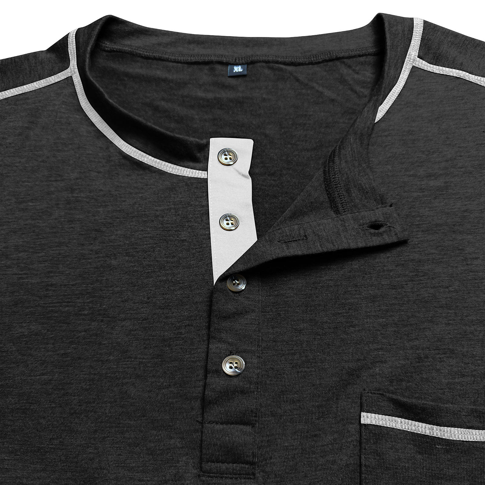 Men's Fashion Contrast-Color Short-Sleeve Henley Base Layer T-Shirt with Round Neck