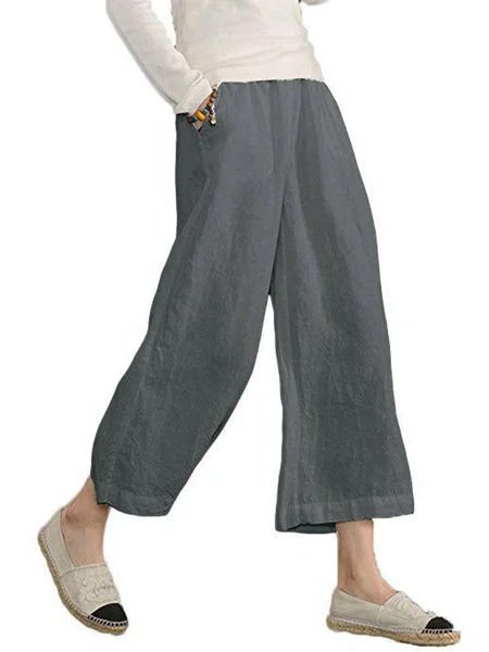 Women's solid color hand-made cotton and linen loose casual wide leg niners