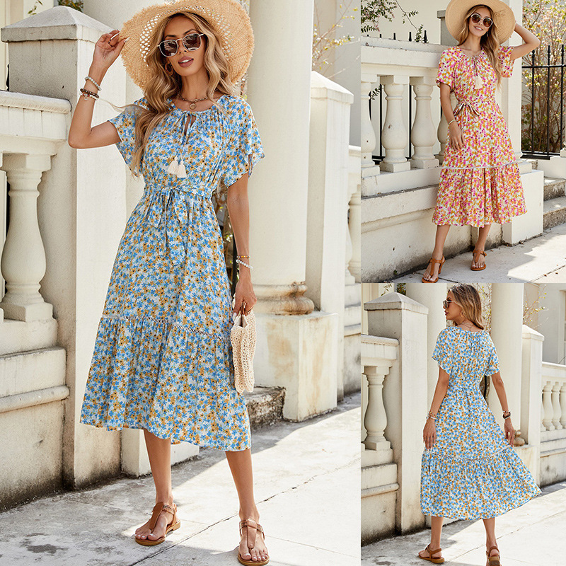 Cotton Printed Dress with Eyelet Lace Trim and Ruffled Paneling – Short Sleeves