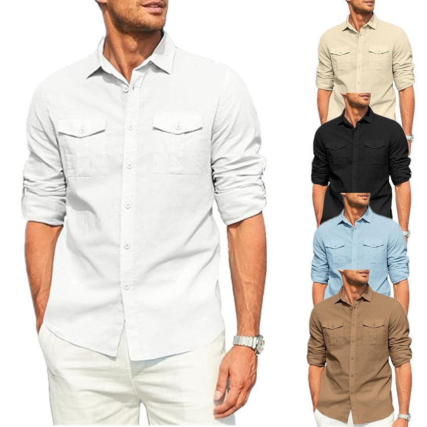 Men's shirt Double pocket cotton linen long sleeve shirt