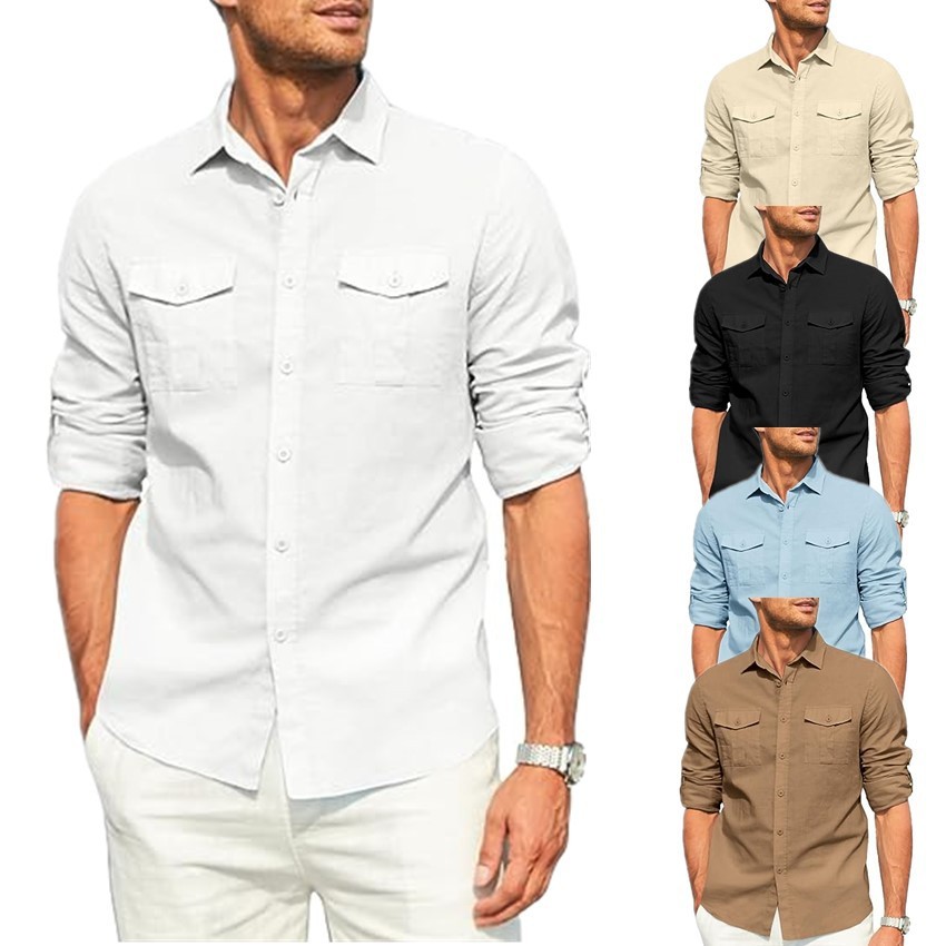 Men's shirt Double pocket cotton linen long sleeve shirt