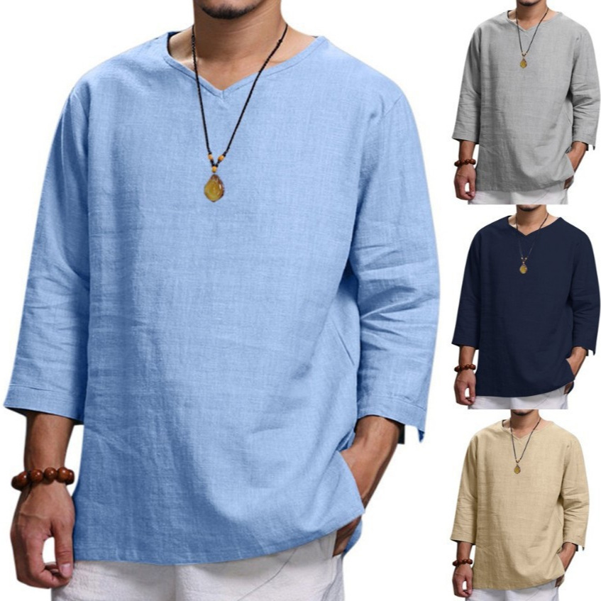 Men's long sleeve V-neck cotton linen loose shirt
