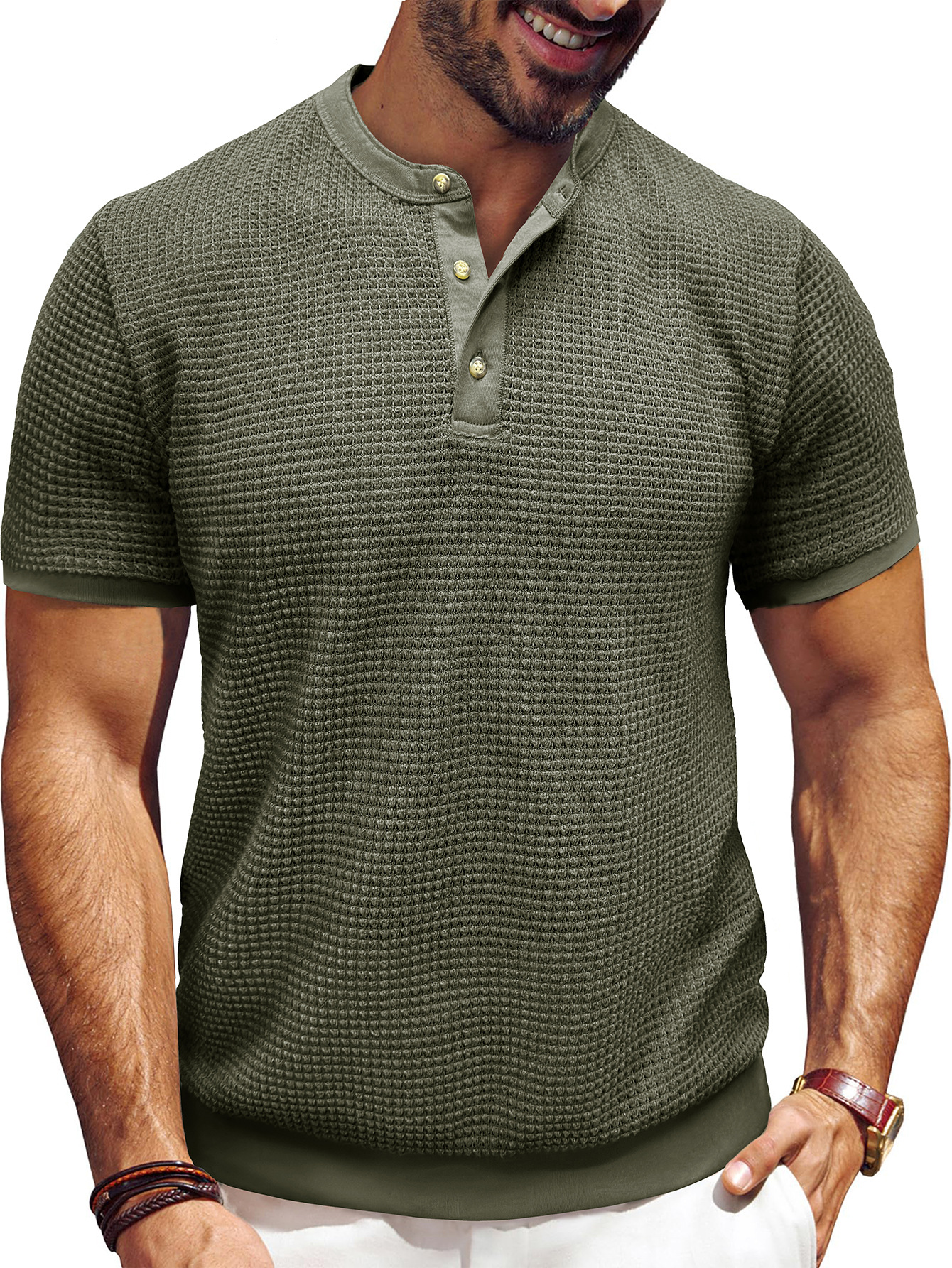 Men's Short-Sleeved Textured Knit Henley T-Shirt Pullover