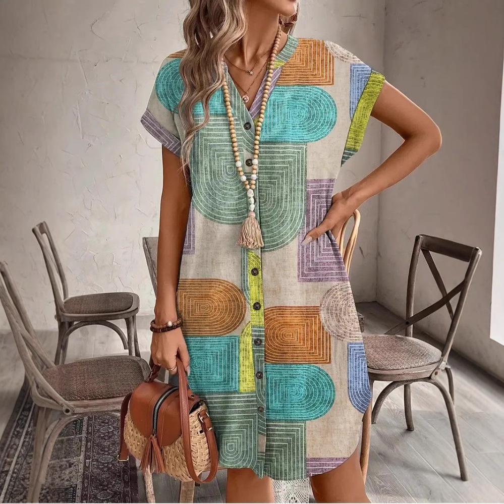 Summer Geometric Print Elegant V-neck Buttoned Women's Short-sleeved Dress