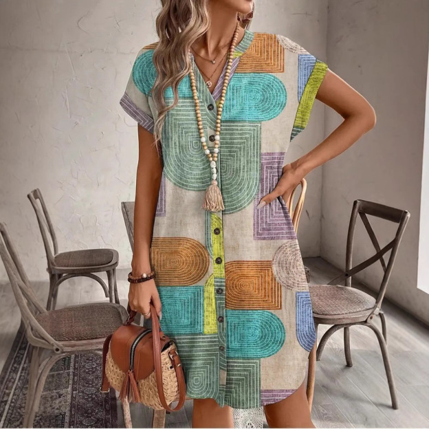 Summer Geometric Print Elegant V-neck Buttoned Women's Short-sleeved Dress