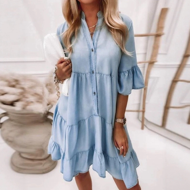Solid Color Washed Cotton 5/8 Sleeves A-Line Mid-Length Denim Dress