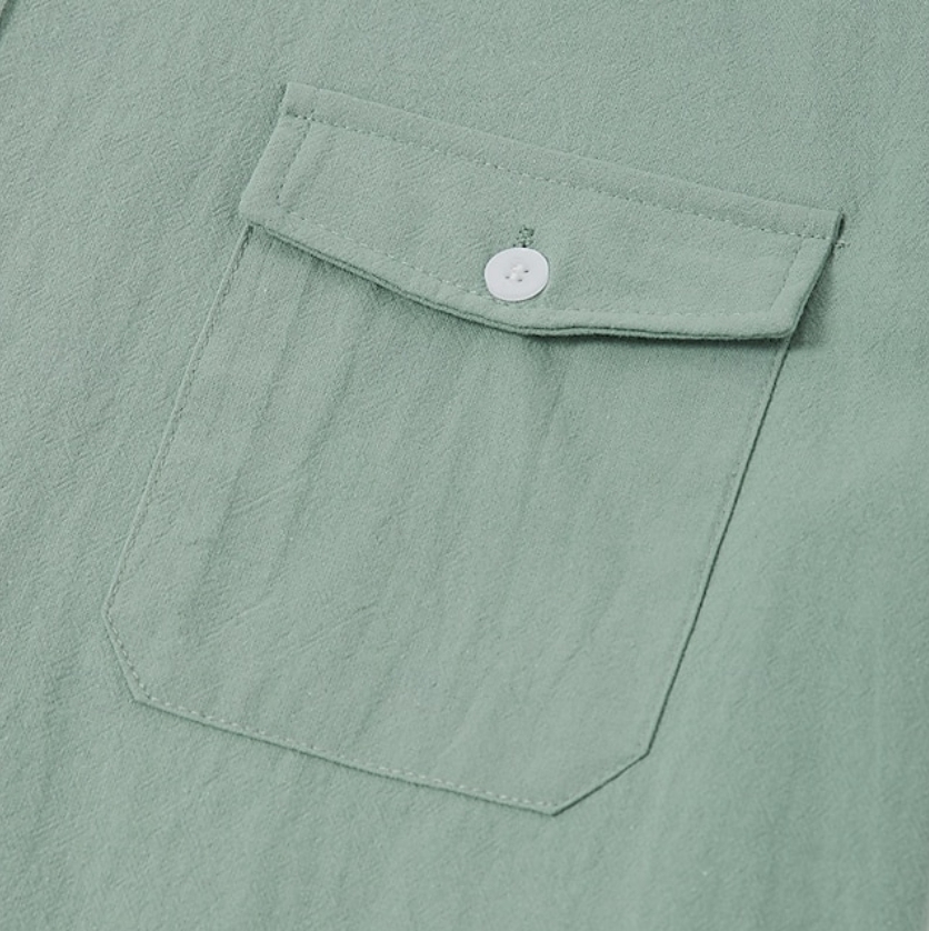 Men's linen summer beach solid-color lapel daily pocket shirt