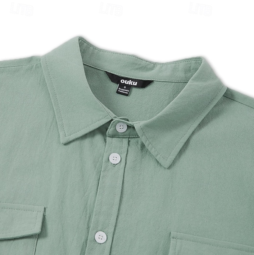 Men's linen summer beach solid-color lapel daily pocket shirt