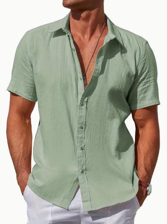 Men's casual cotton striped jacquard beach short-sleeve shirt