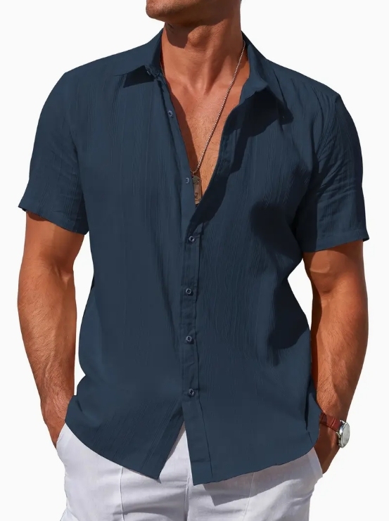 Men's casual cotton striped jacquard beach short-sleeve shirt