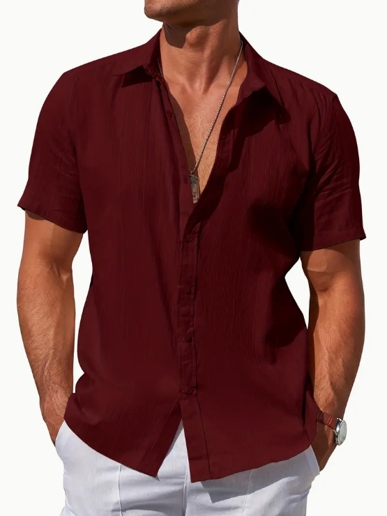 Men's casual cotton striped jacquard beach short-sleeve shirt