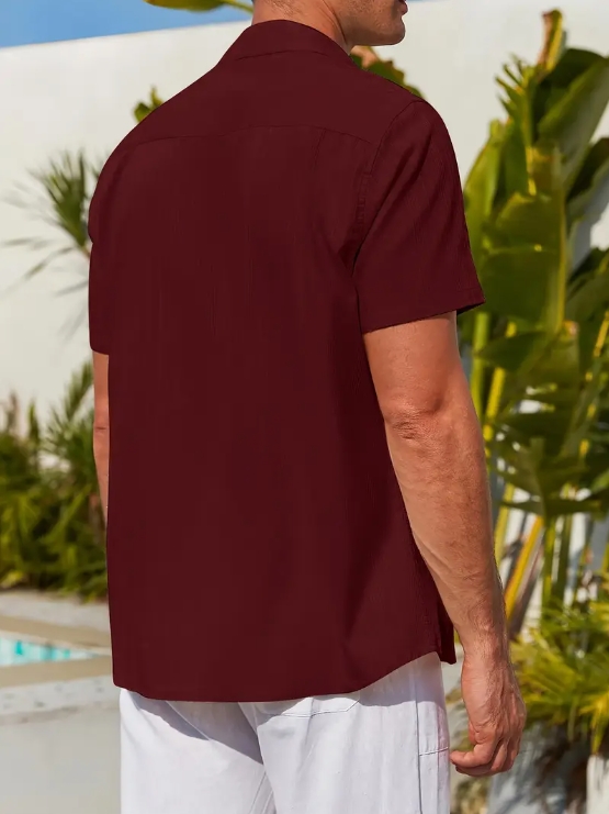 Men's casual cotton striped jacquard beach short-sleeve shirt