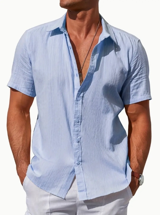 Men's casual cotton striped jacquard beach short-sleeve shirt