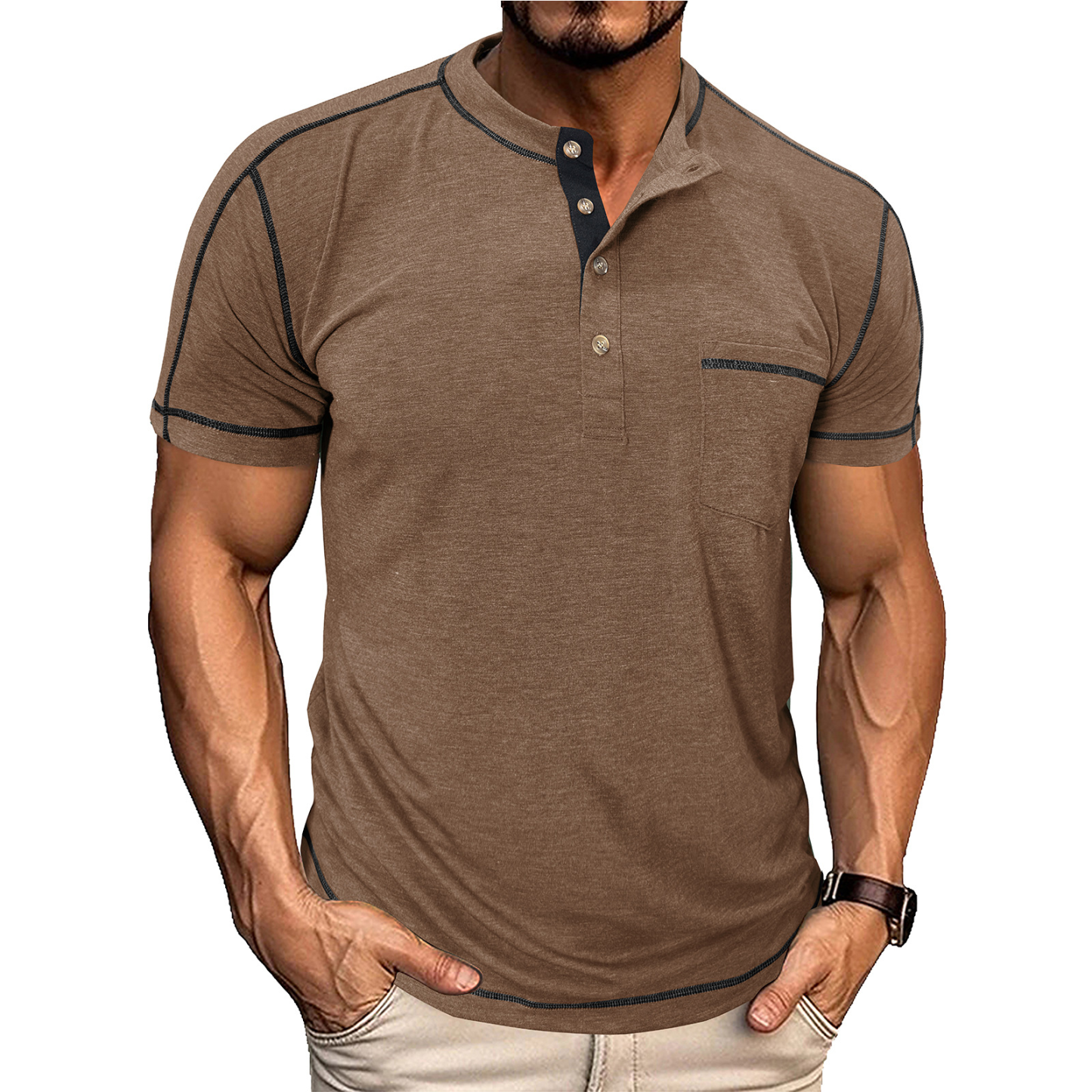 Men's Fashion Contrast-Color Short-Sleeve Henley Base Layer T-Shirt with Round Neck