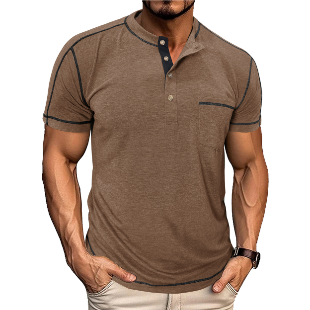 Men's Fashion Contrast-Color Short-Sleeve Henley Base Layer T-Shirt with Round Neck
