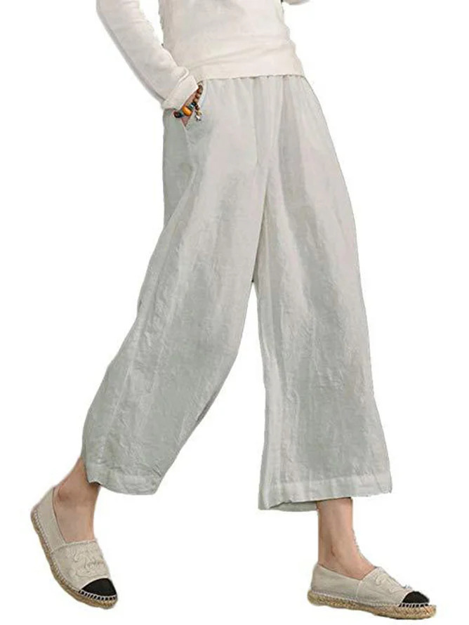 Women's solid color hand-made cotton and linen loose casual wide leg niners