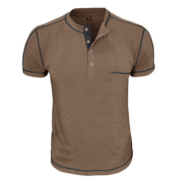 Men's Fashion Contrast-Color Short-Sleeve Henley Base Layer T-Shirt with Round Neck