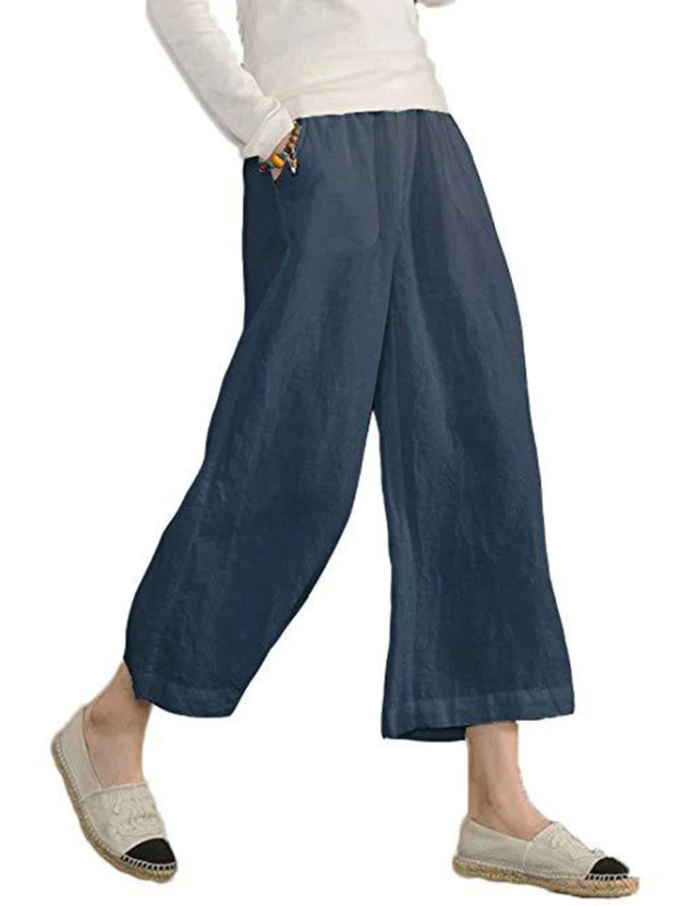 Women's solid color hand-made cotton and linen loose casual wide leg niners