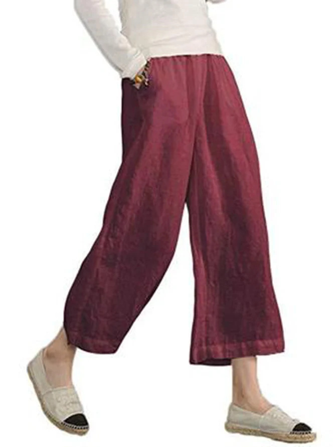 Women's solid color hand-made cotton and linen loose casual wide leg niners