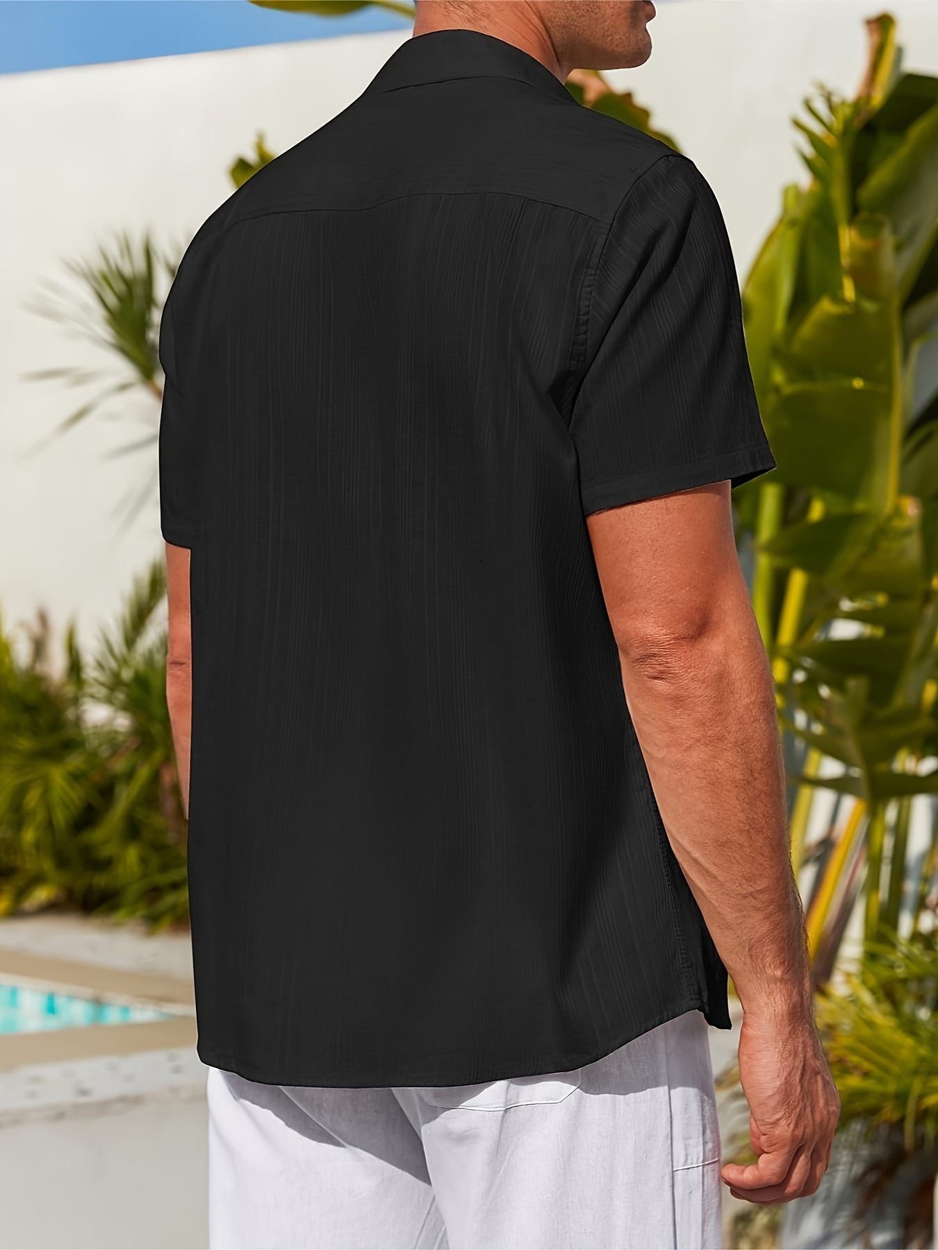 Men's casual cotton striped jacquard beach short-sleeve shirt