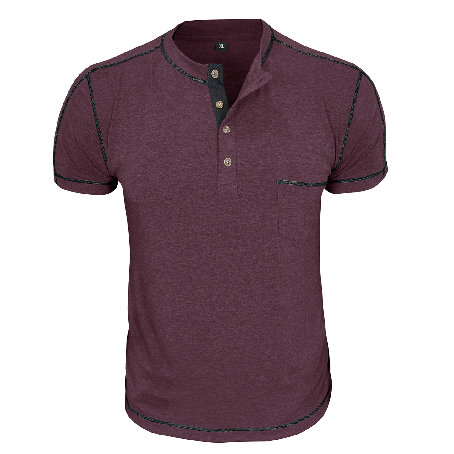 Men's Fashion Contrast-Color Short-Sleeve Henley Base Layer T-Shirt with Round Neck