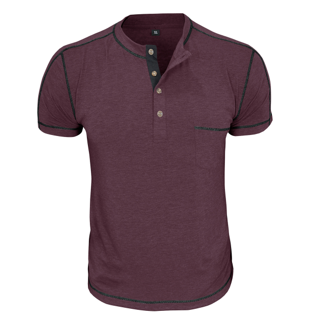 Men's Fashion Contrast-Color Short-Sleeve Henley Base Layer T-Shirt with Round Neck