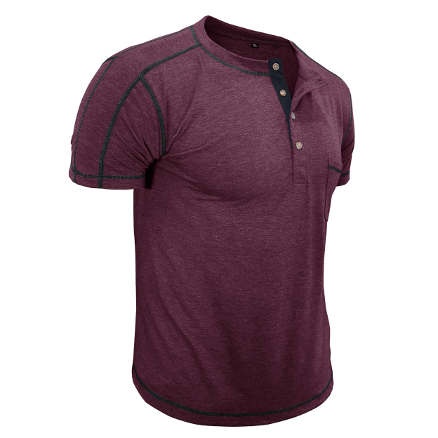 Men's Fashion Contrast-Color Short-Sleeve Henley Base Layer T-Shirt with Round Neck
