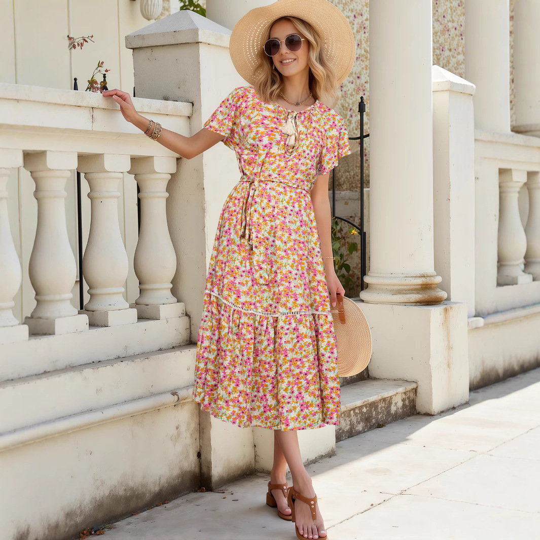 Cotton Printed Dress with Eyelet Lace Trim and Ruffled Paneling – Short Sleeves