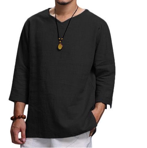 Men's long sleeve V-neck cotton linen loose shirt